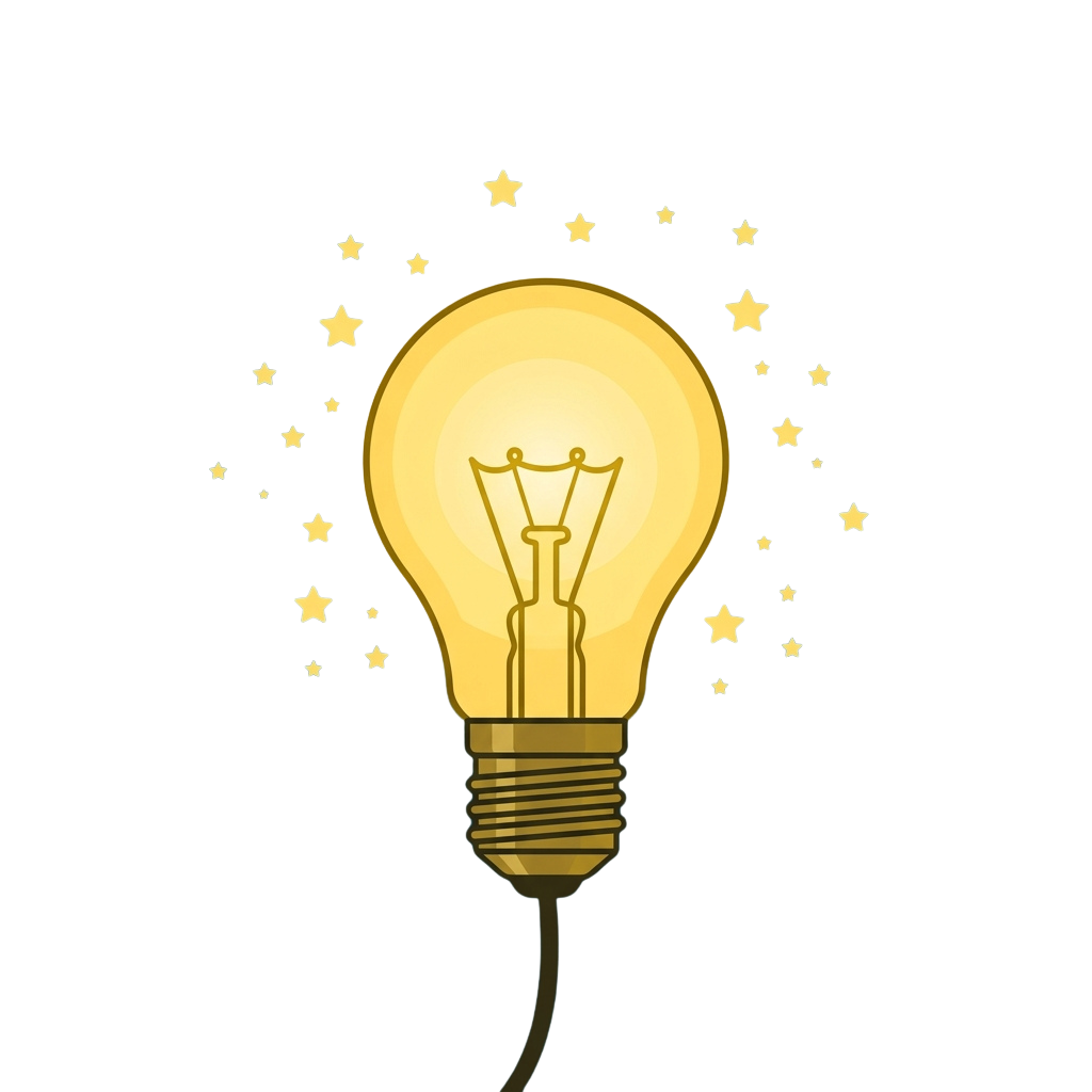 A glowing light bulb with a filament inside, surrounded by small stars against a dark background
