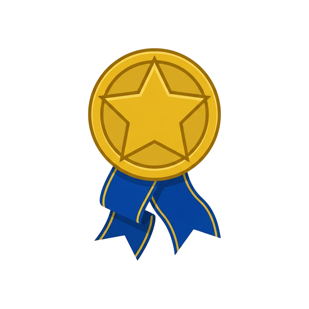 A gold star-shaped award with a blue ribbon tied in a bow