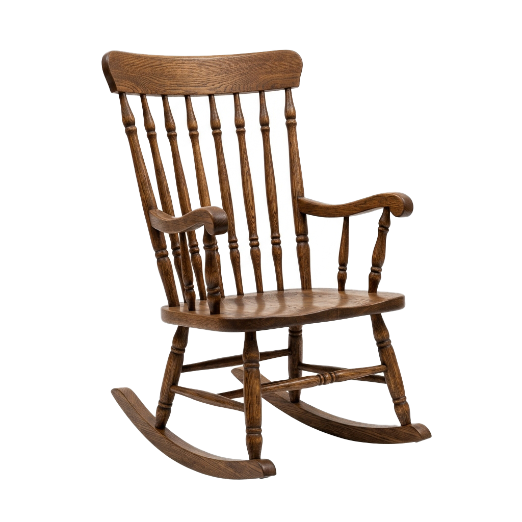 A classic wooden rocking chair with a dark finish and curved slats on the backrest.