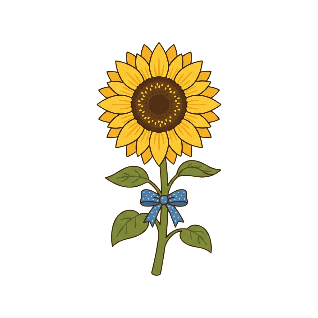 A cheerful sunflower with a blue dotted bow tied around its green stem and leaves
