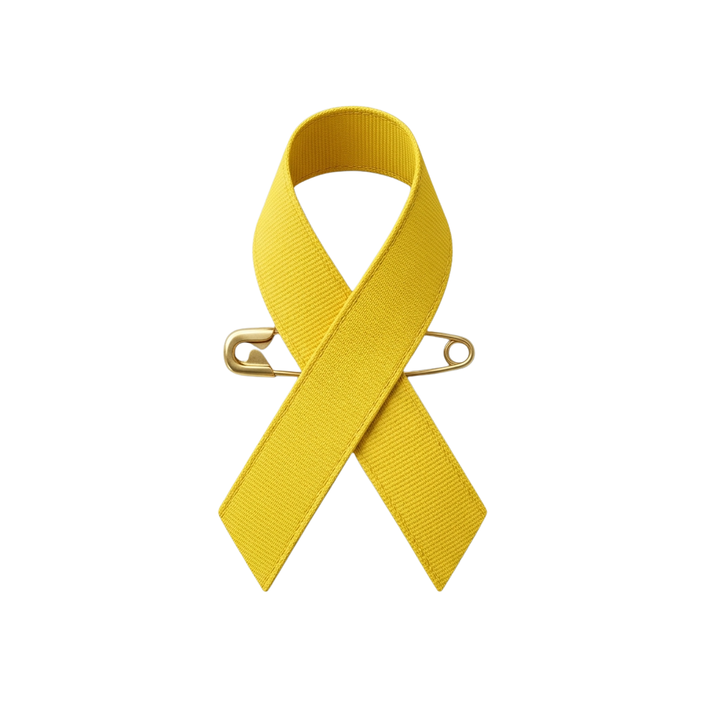 A bright yellow ribbon with two metallic safety pins attached, set against a black background