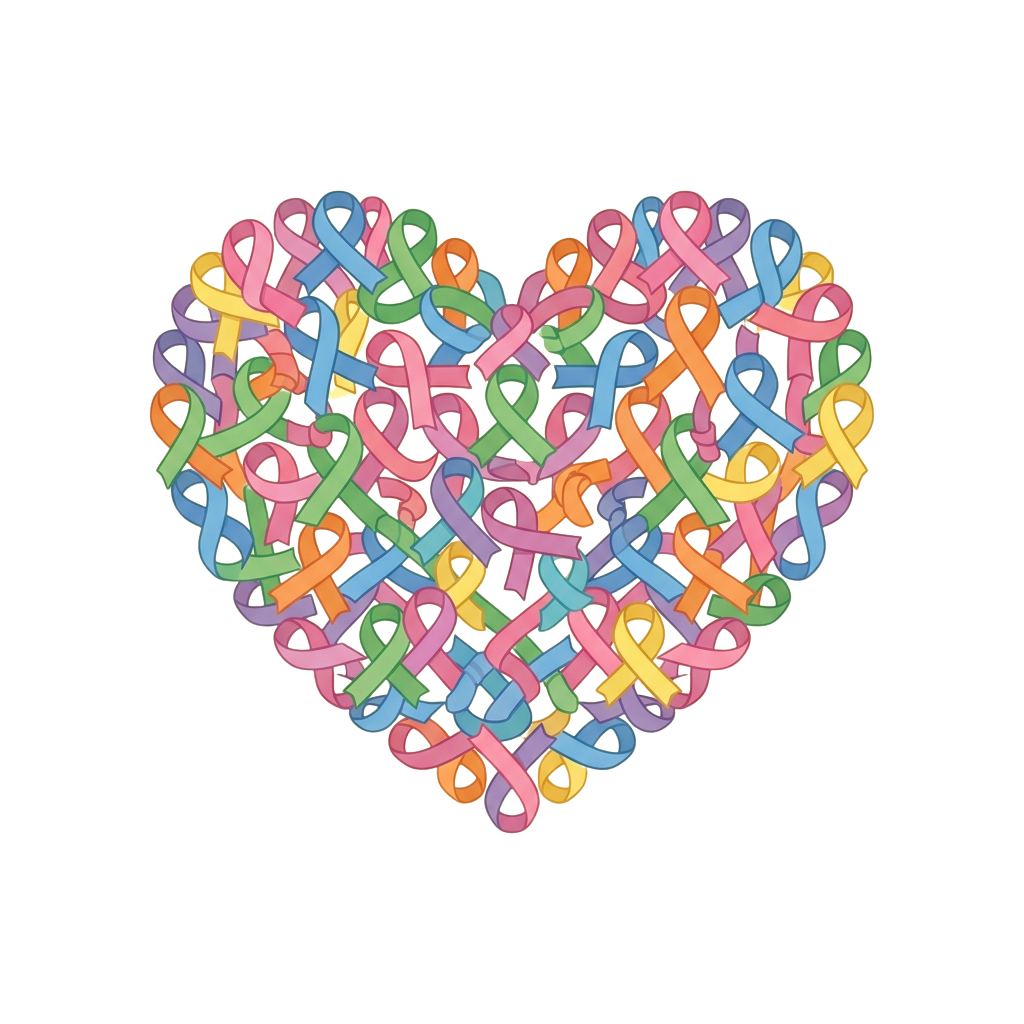 Heart shape made from intertwined colorful awareness ribbons