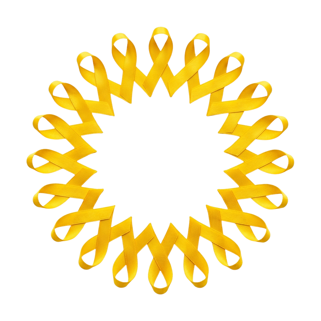 A circular arrangement of yellow ribbon loops on a black background