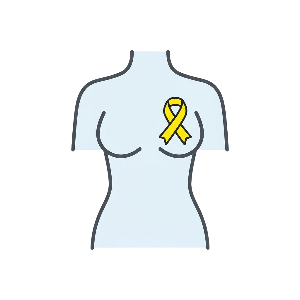 Illustration of a torso with a yellow breast cancer awareness ribbon on the left breast area
