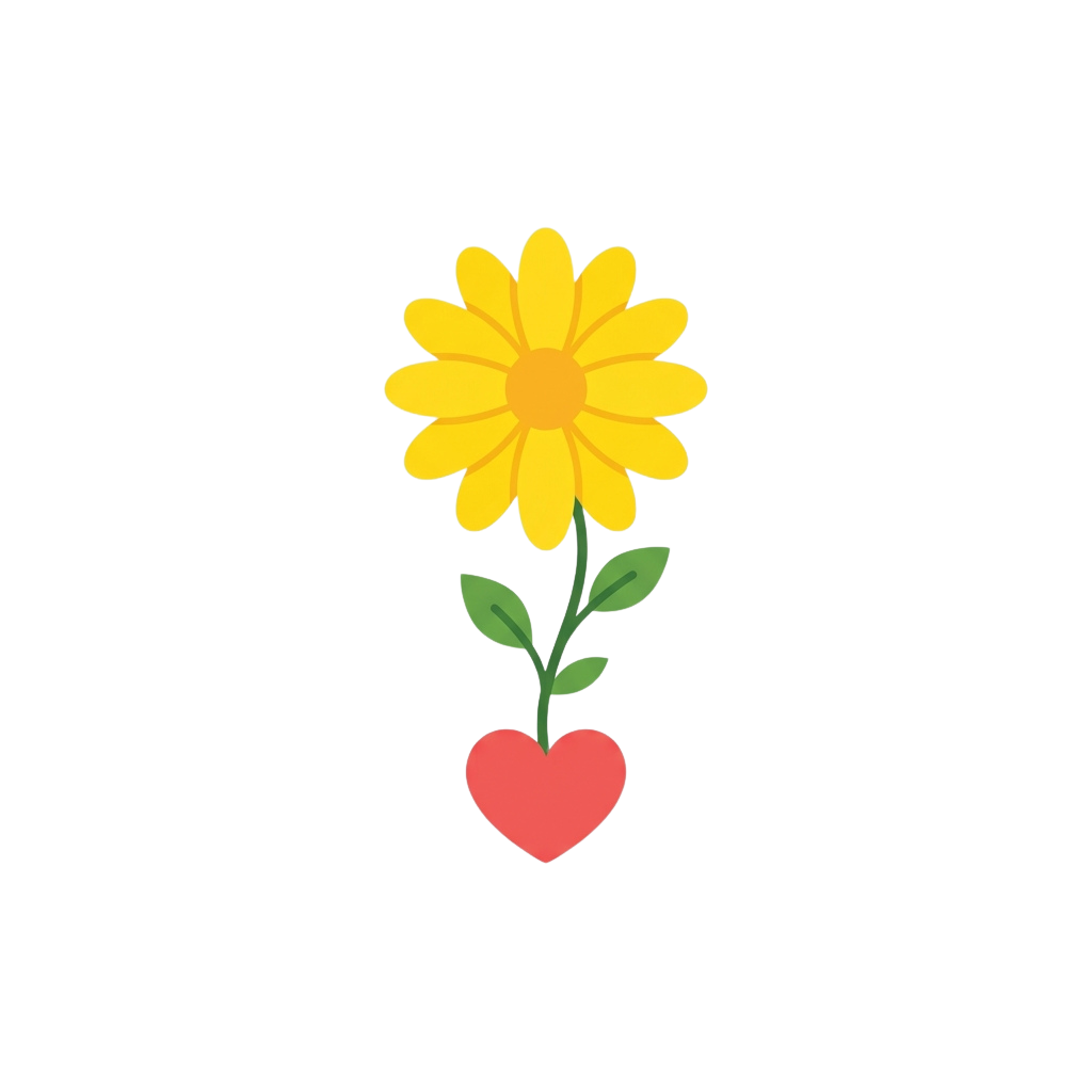 A cheerful yellow flower with green leaves growing from a red heart shape