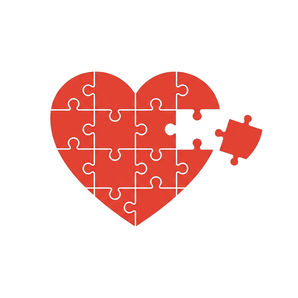 A red heart made of puzzle pieces with one piece missing on the right side