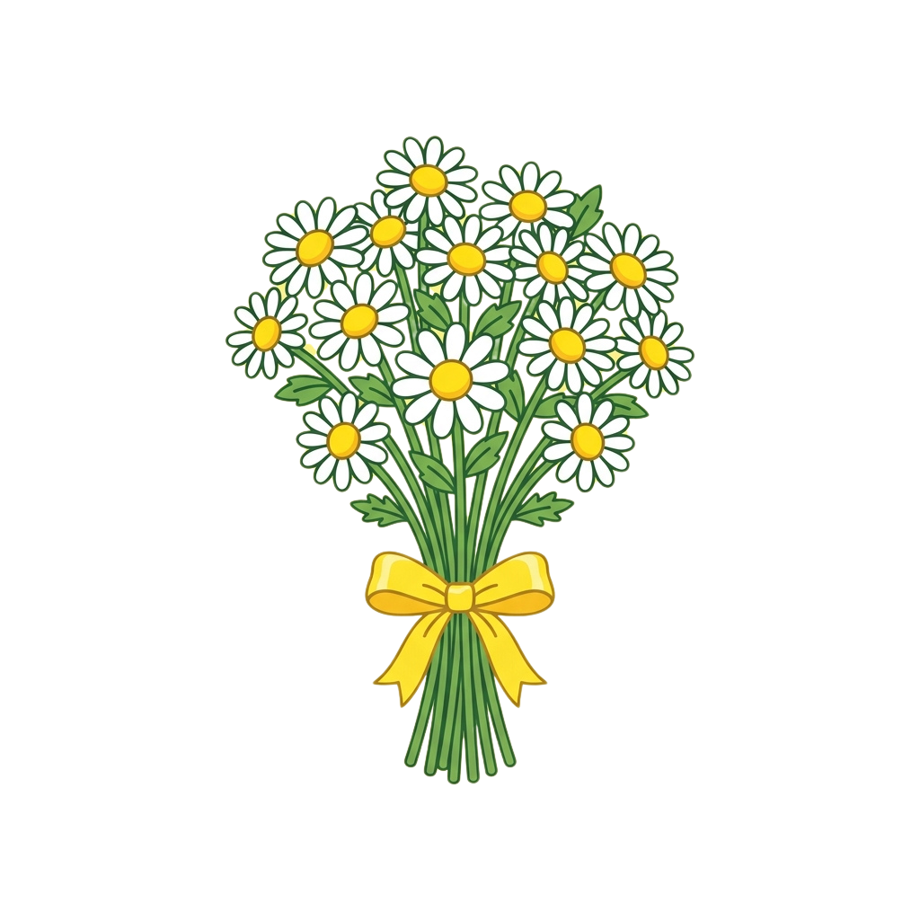 Illustration of a bouquet of white daisies with green leaves and a yellow ribbon tied around the stems