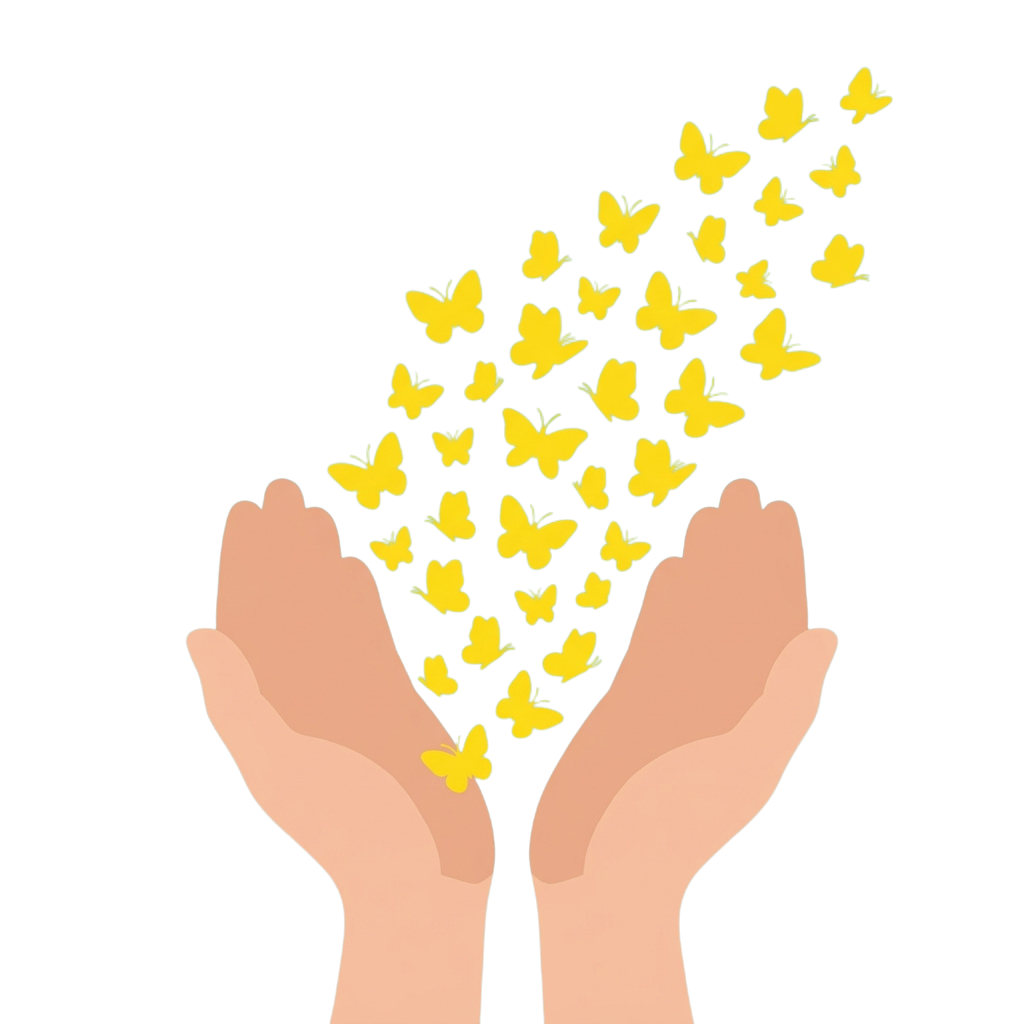 Two hands releasing a swarm of yellow butterflies against a black background