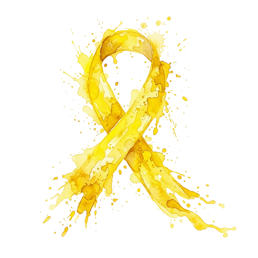 A yellow ribbon with dynamic paint splatter effects on a black background