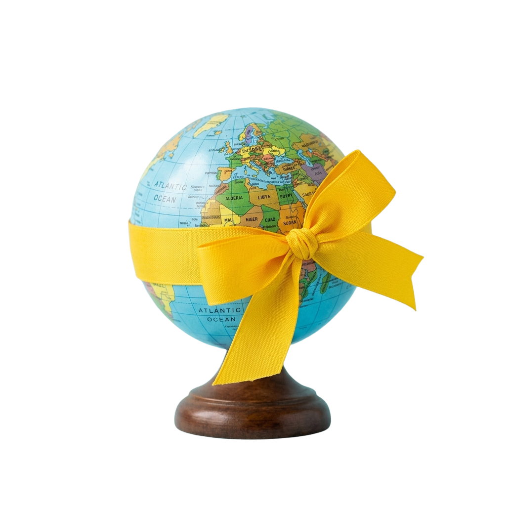 A globe with a yellow ribbon tied in a bow on a wooden base