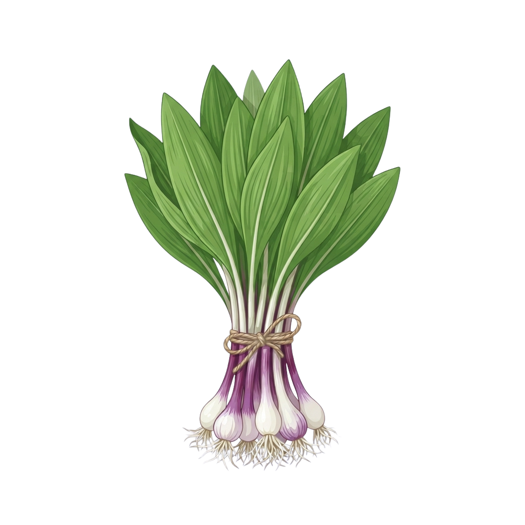 A bundle of fresh green onions with white and purple roots tied together with twine.