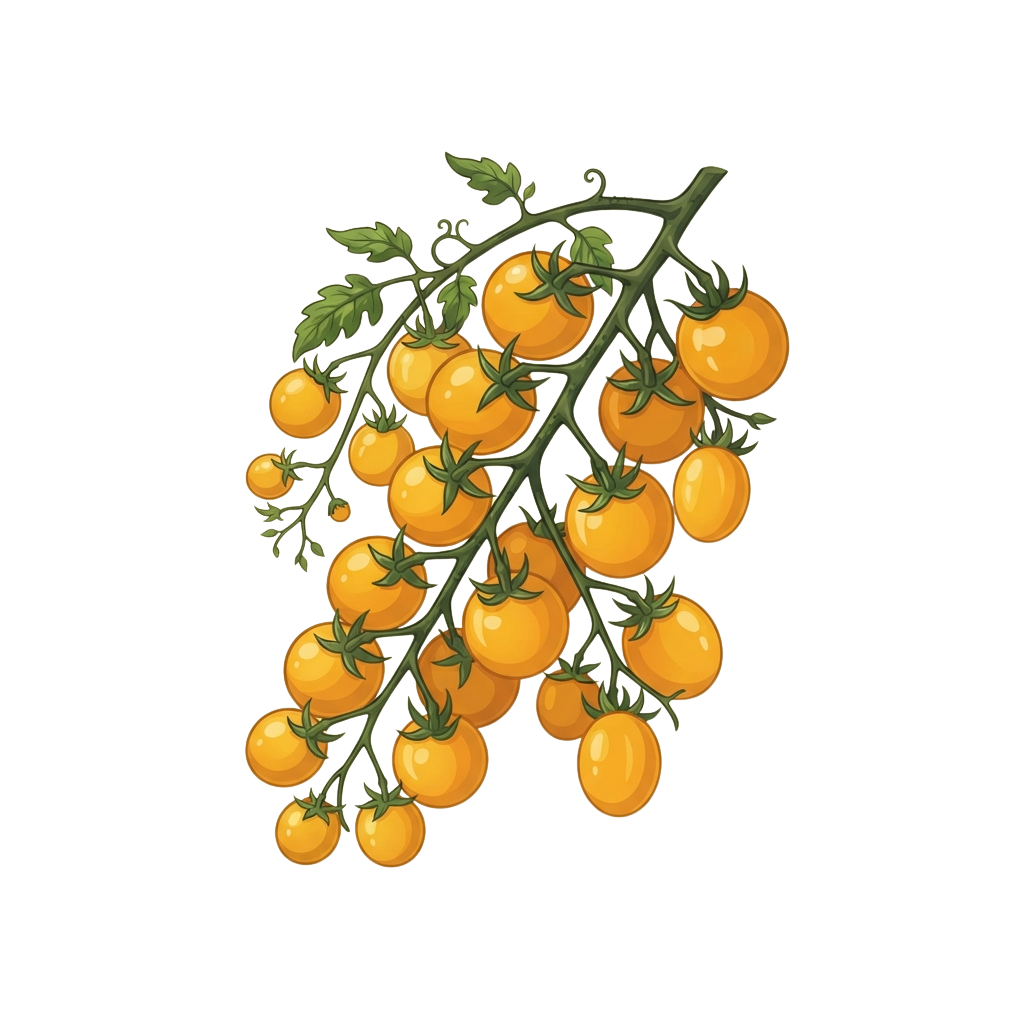 A cluster of bright orange cherry tomatoes growing on a green vine against a dark background