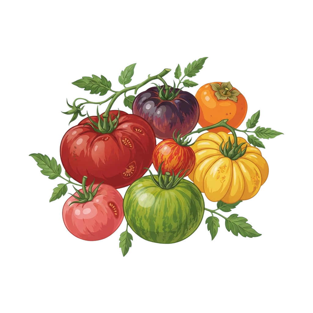 Illustration of six different heirloom tomatoes in red, orange, yellow, green, and purple with green leaves.