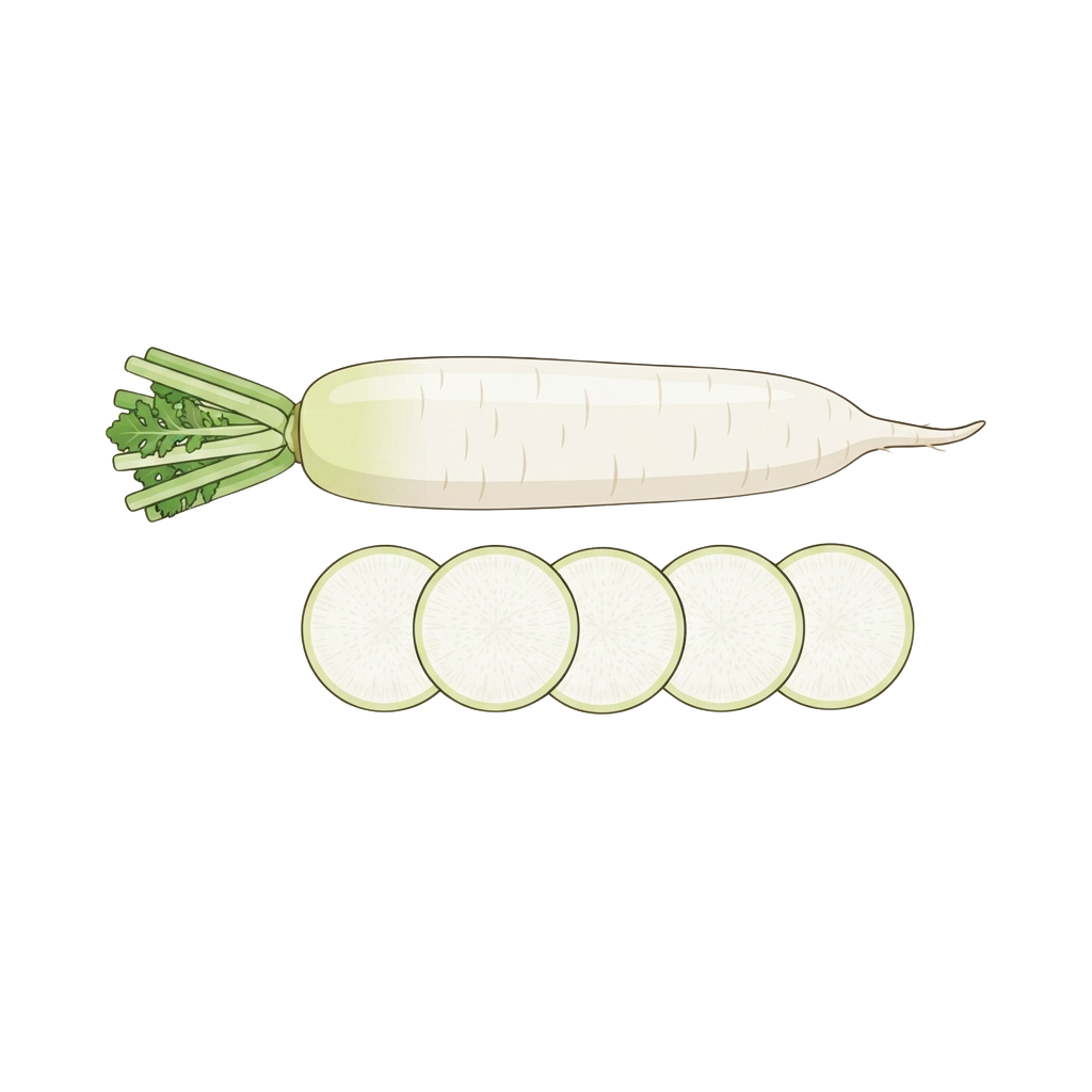 Illustration of a whole daikon radish with green leaves and five round slices beneath it