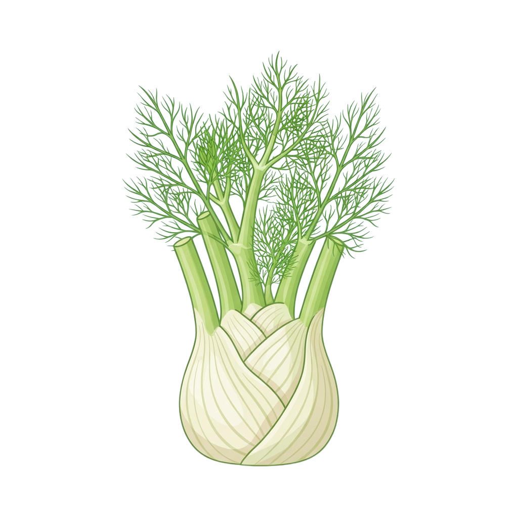 Illustration of a fennel bulb with green feathery fronds and white bulb base