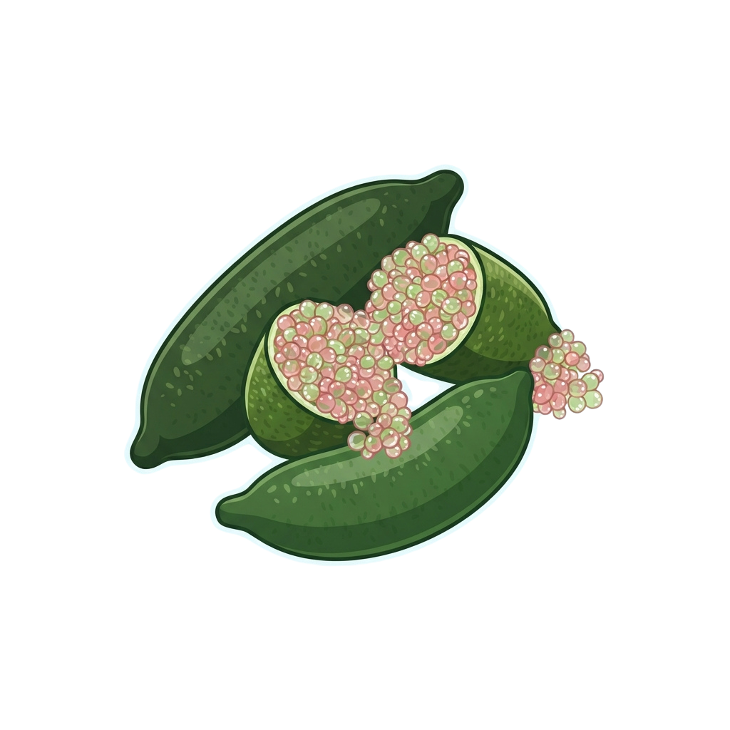 Illustration of a lime with its green rind, white pith, and pinkish seeds on green leaves