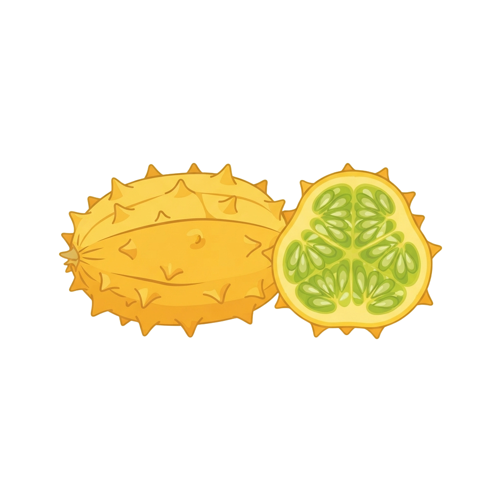 Illustration of a spiky orange fruit whole and cut open revealing green segmented seeds