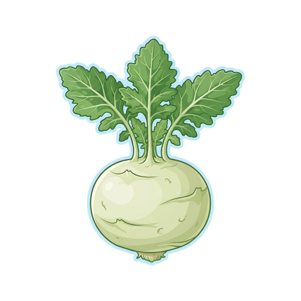 Illustration of a turnip with green leaves attached, depicted in a light beige and green color scheme.