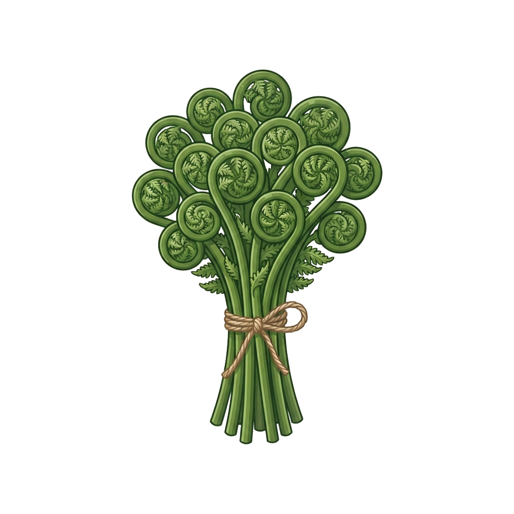 Illustration of a bundle of fresh green fennel stalks tied together with twine.