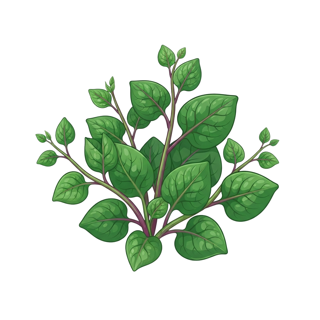 Illustration of a basil plant with green leaves and purple stems on a black background