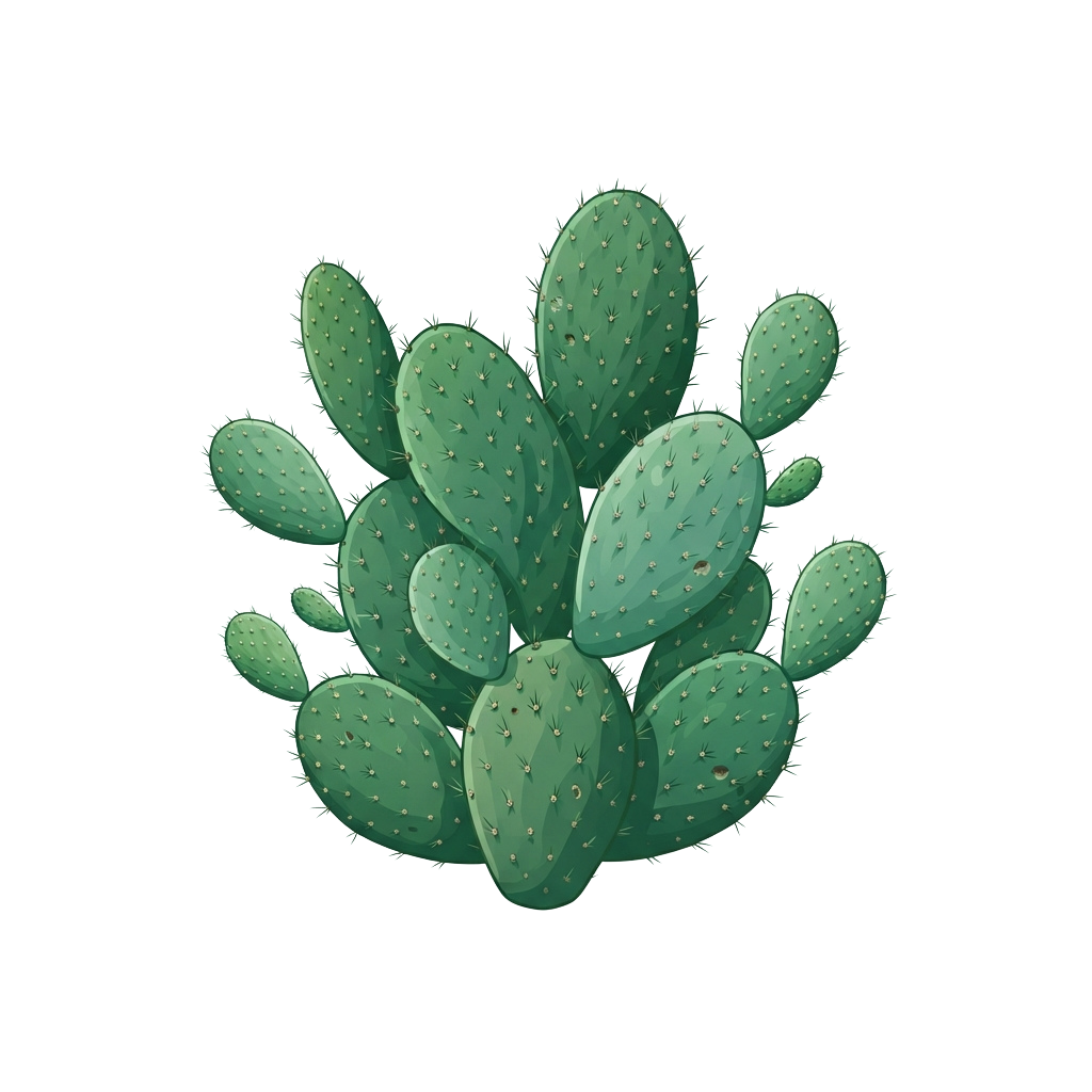 Illustration of a green cactus with multiple oval pads covered in small spines