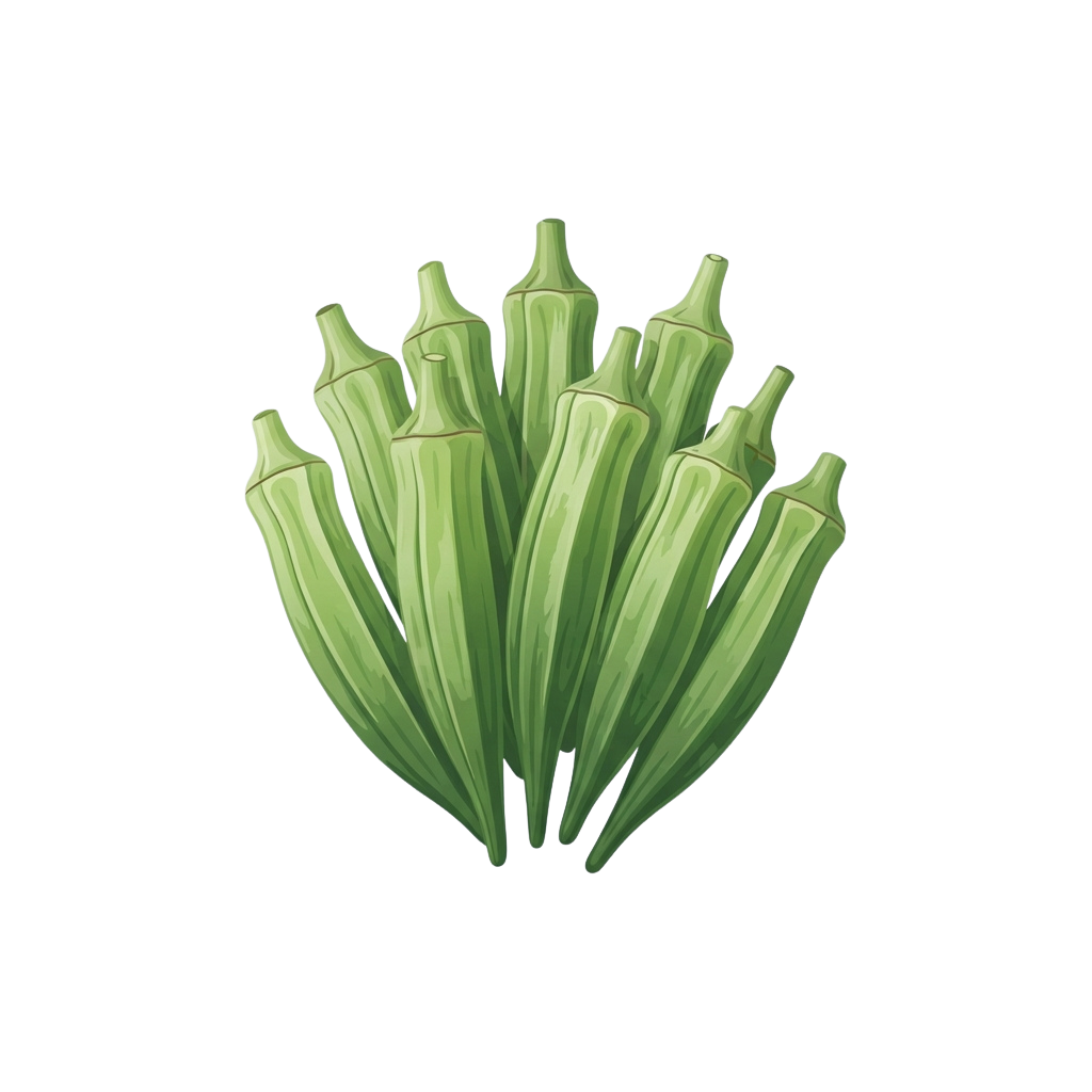 A cluster of fresh green okra vegetables with pointed ends.