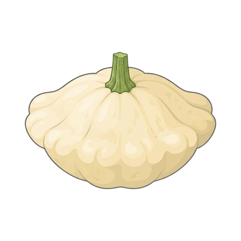 A light tan pumpkin with a ribbed texture and green stem against a black background