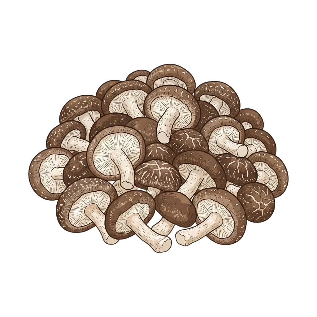 A detailed illustration of a cluster of shiitake mushrooms with visible caps and stems