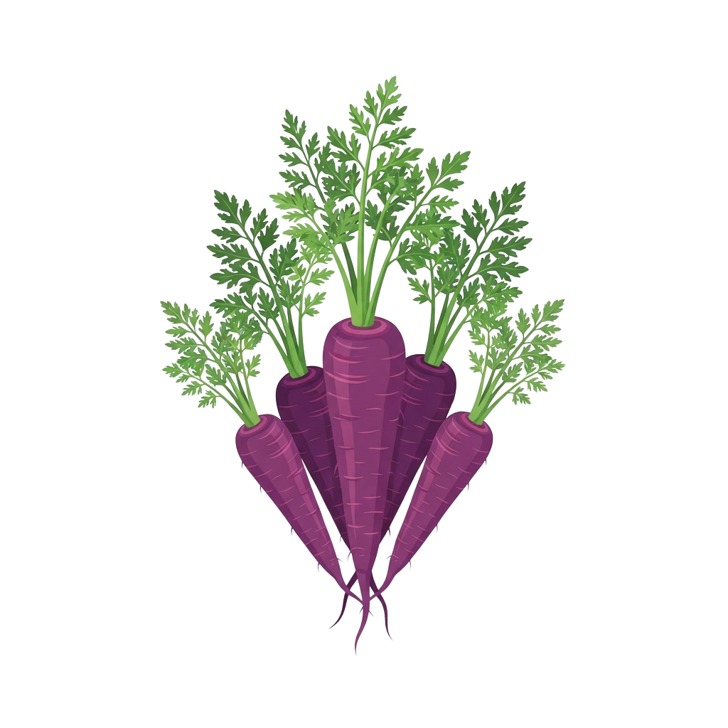 Illustration of three purple carrots with green leafy tops against a black background