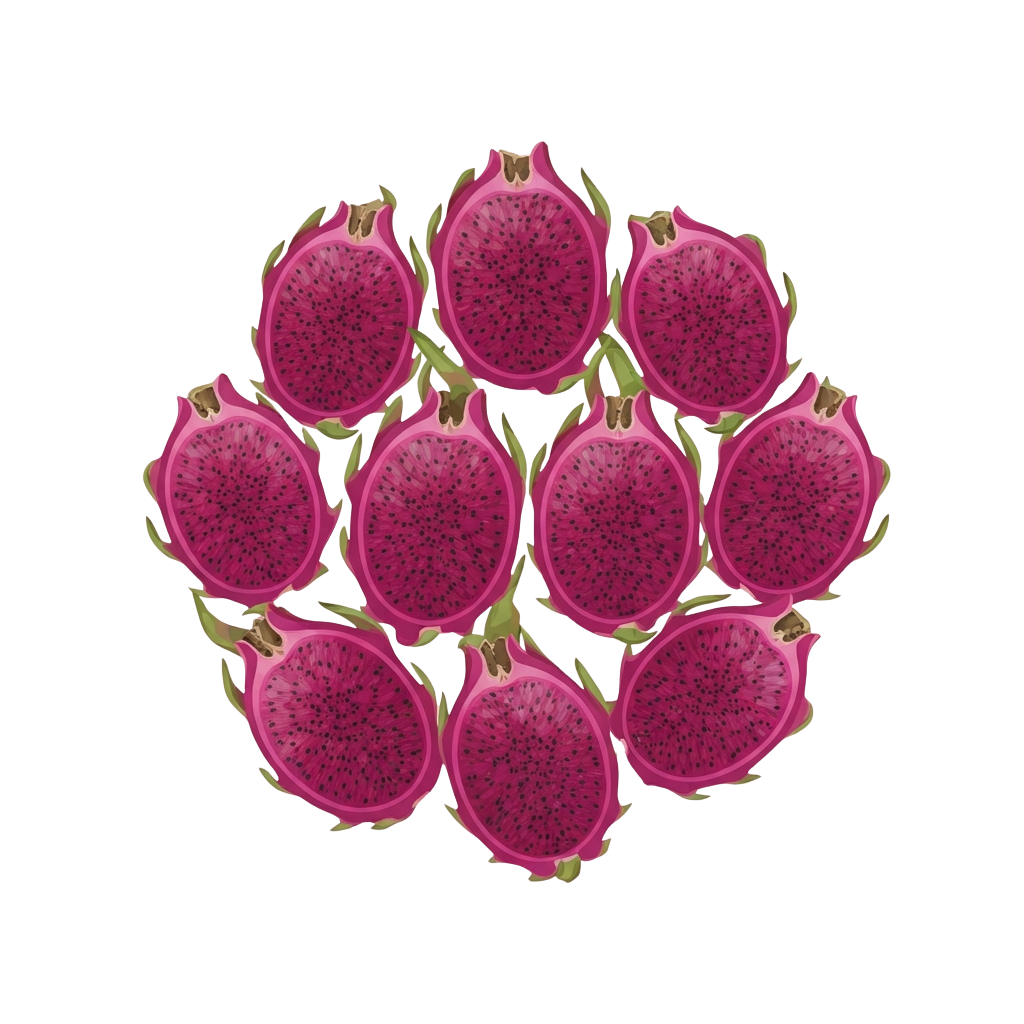 Nine halved pink dragon fruits arranged in a circular pattern with black seeds visible