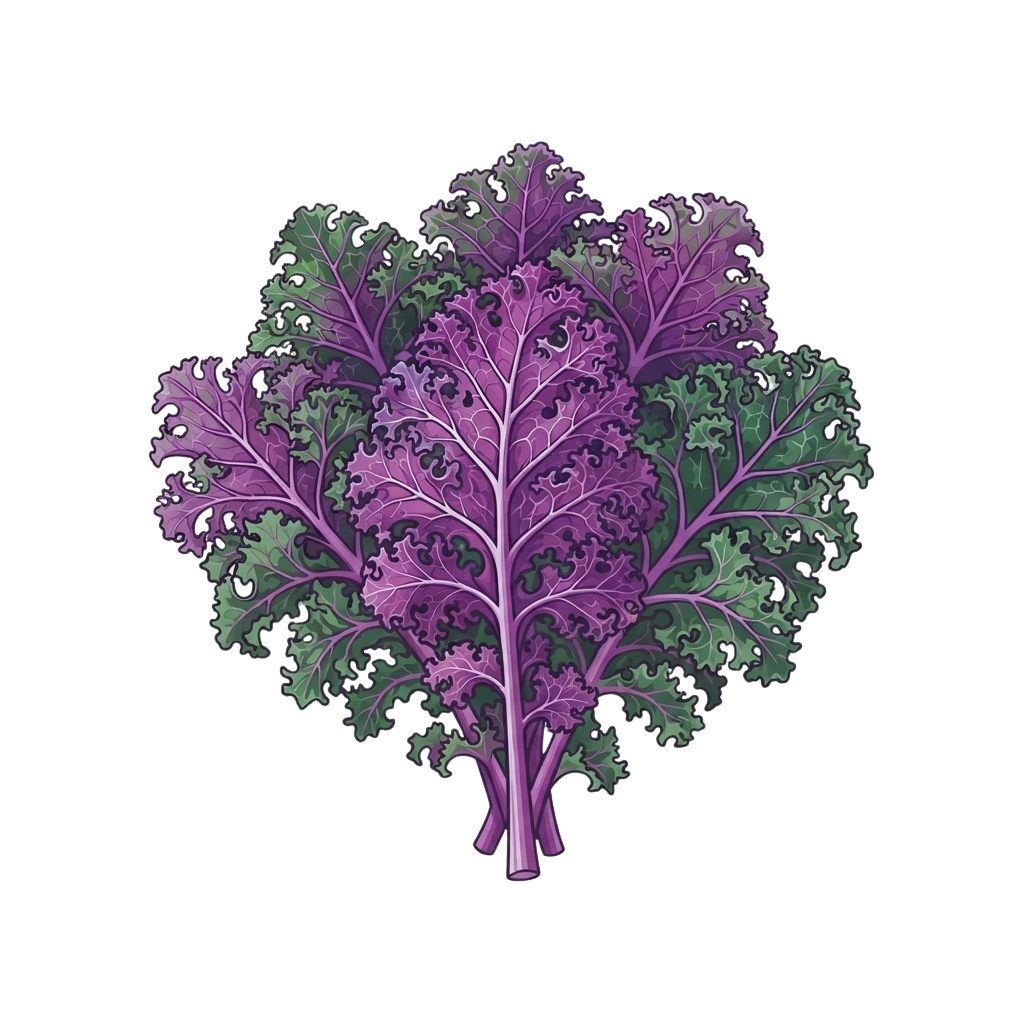 Illustration of a stylized kale leaf with purple and green hues on a black background