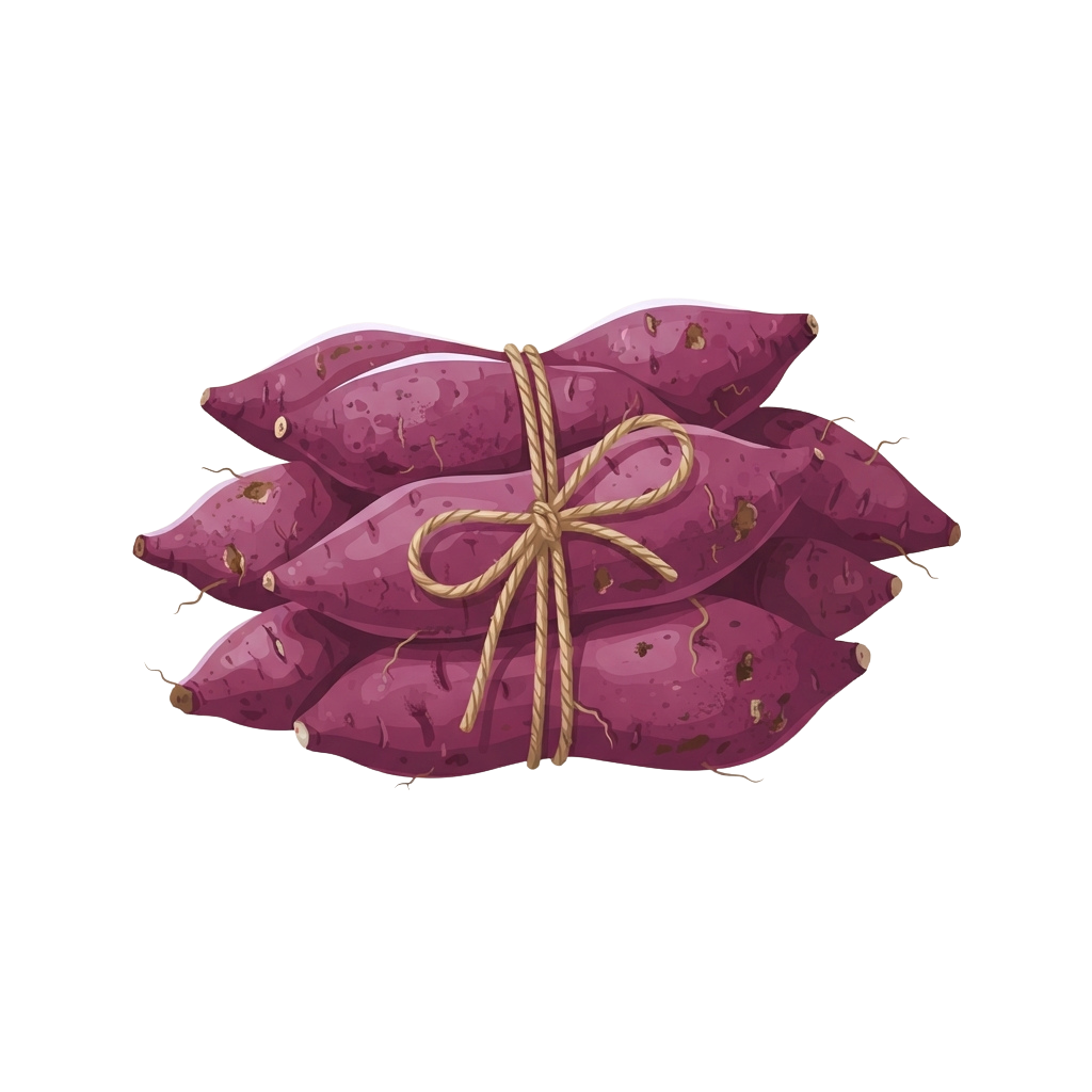 Five fresh sweet potatoes tied together with natural twine.