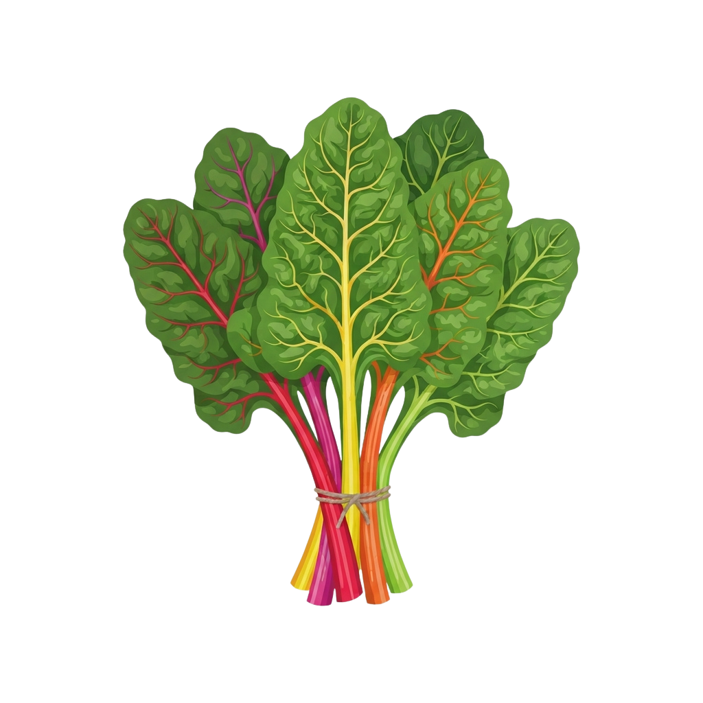 A bundle of Swiss chard with green leaves and rainbow-colored stalks tied together.