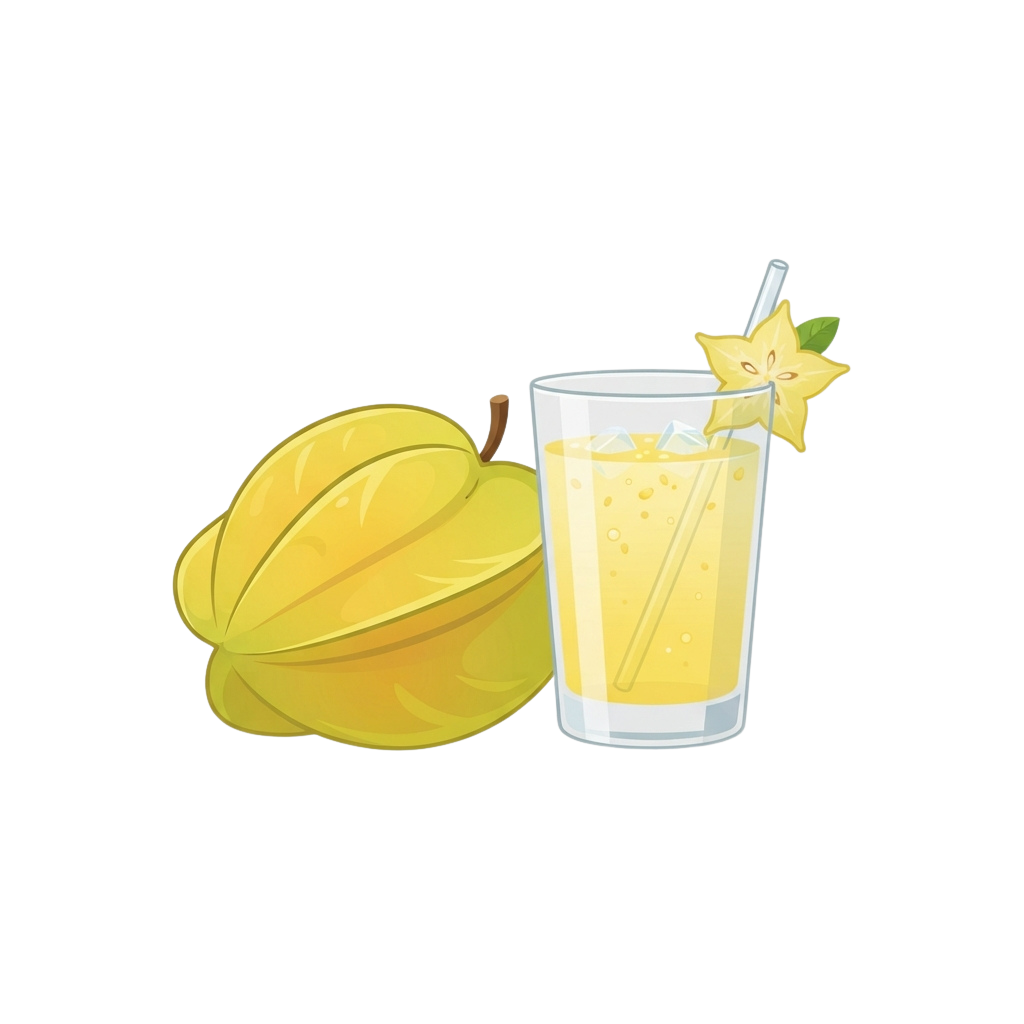 A glass of yellow starfruit juice with a starfruit slice and green leaf on a straw, next to a whole starfruit