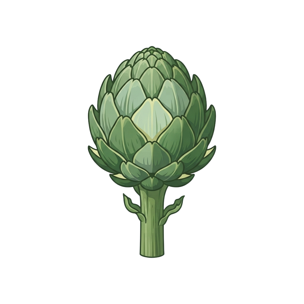 Illustration of a whole green artichoke with detailed leaves and stem