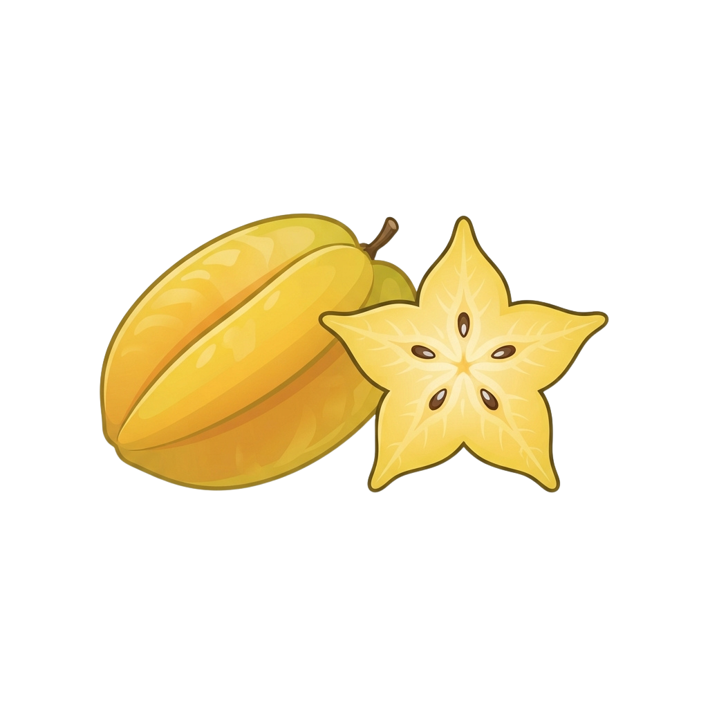 Illustration of a whole star fruit and a sliced star fruit against a black background
