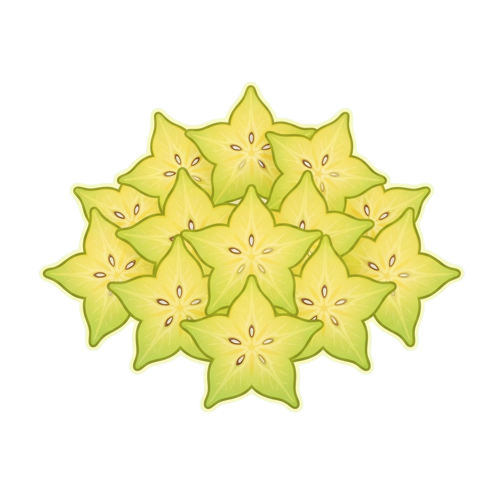 A cluster of star-shaped starfruit slices arranged in a circular pattern on a black background