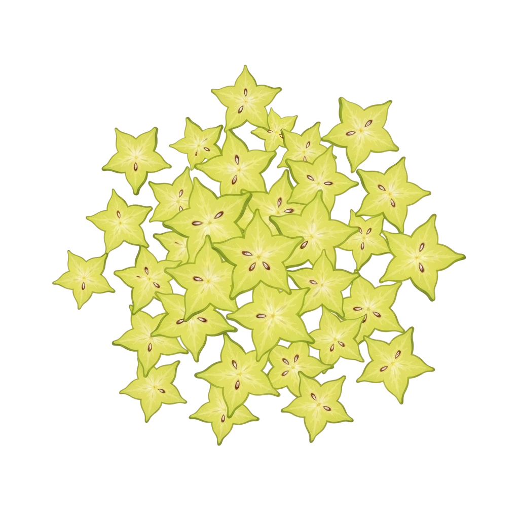 A group of yellow star-shaped fruits arranged closely together against a black background
