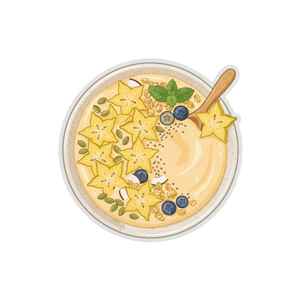 Bowl of creamy yogurt topped with starfruit slices, blueberries, pumpkin seeds, and granola