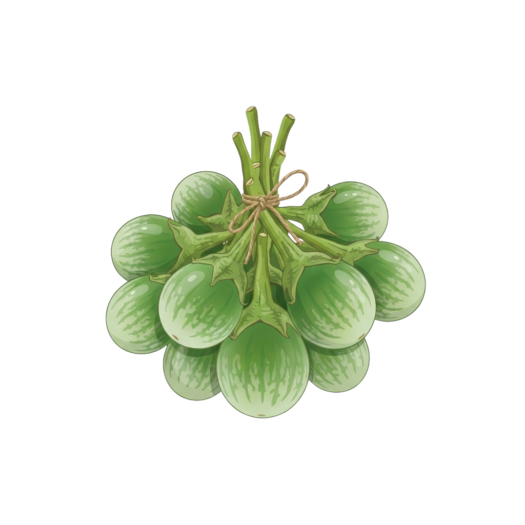 Illustration of a bunch of green unripe figs attached to a vine with leaves