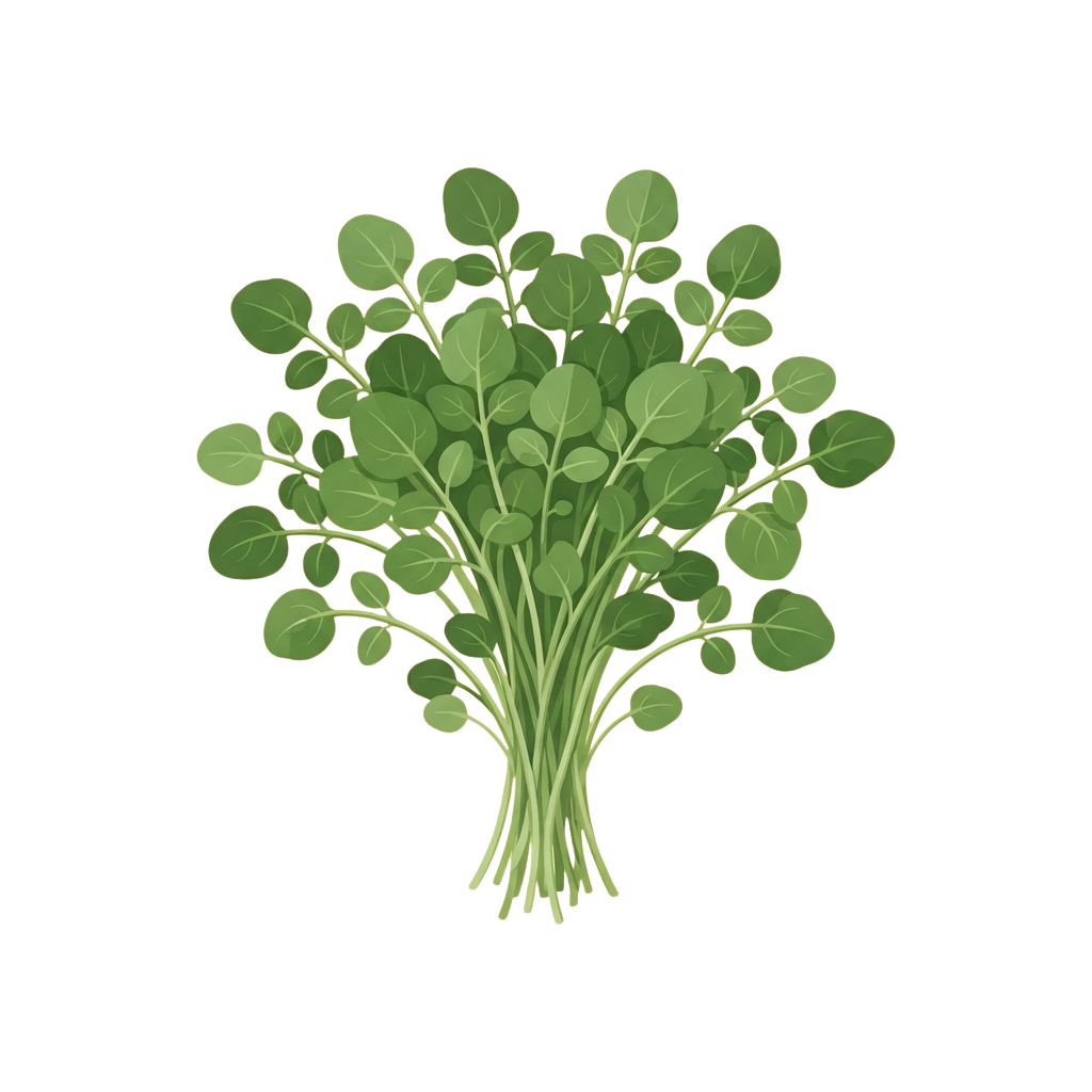 A bundle of fresh green leafy herbs with rounded leaves and light stems