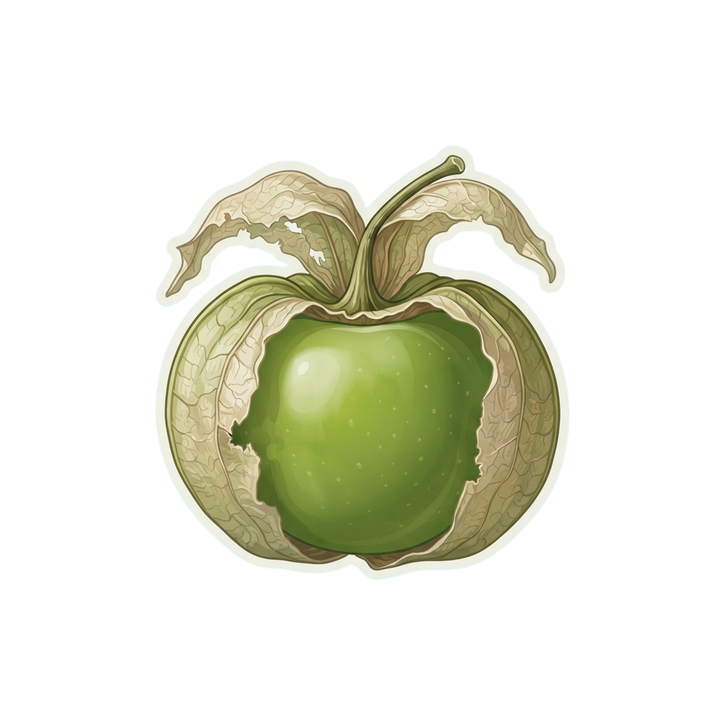 Illustration of a green apple with a leafy stem and detailed texture on a black background