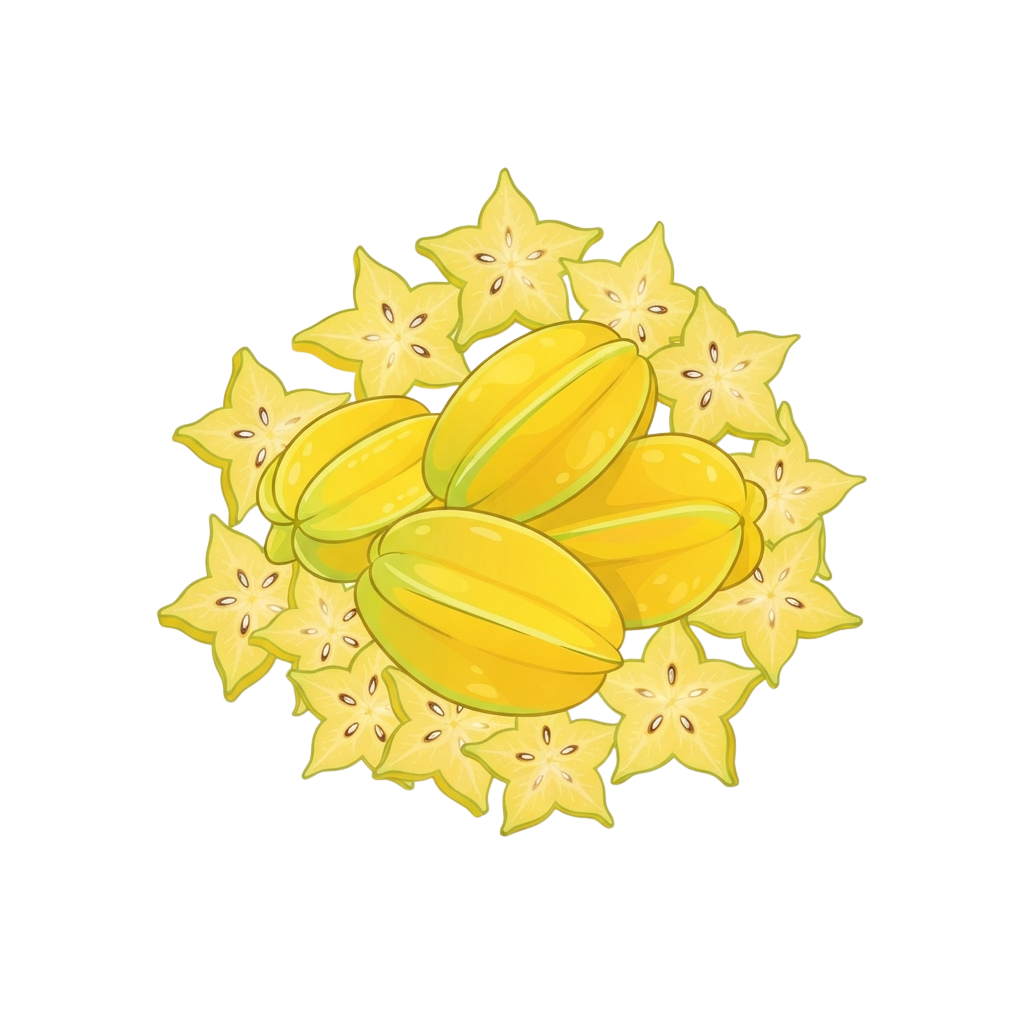 Illustration of whole starfruit and sliced carambola fruits arranged in a circular pattern