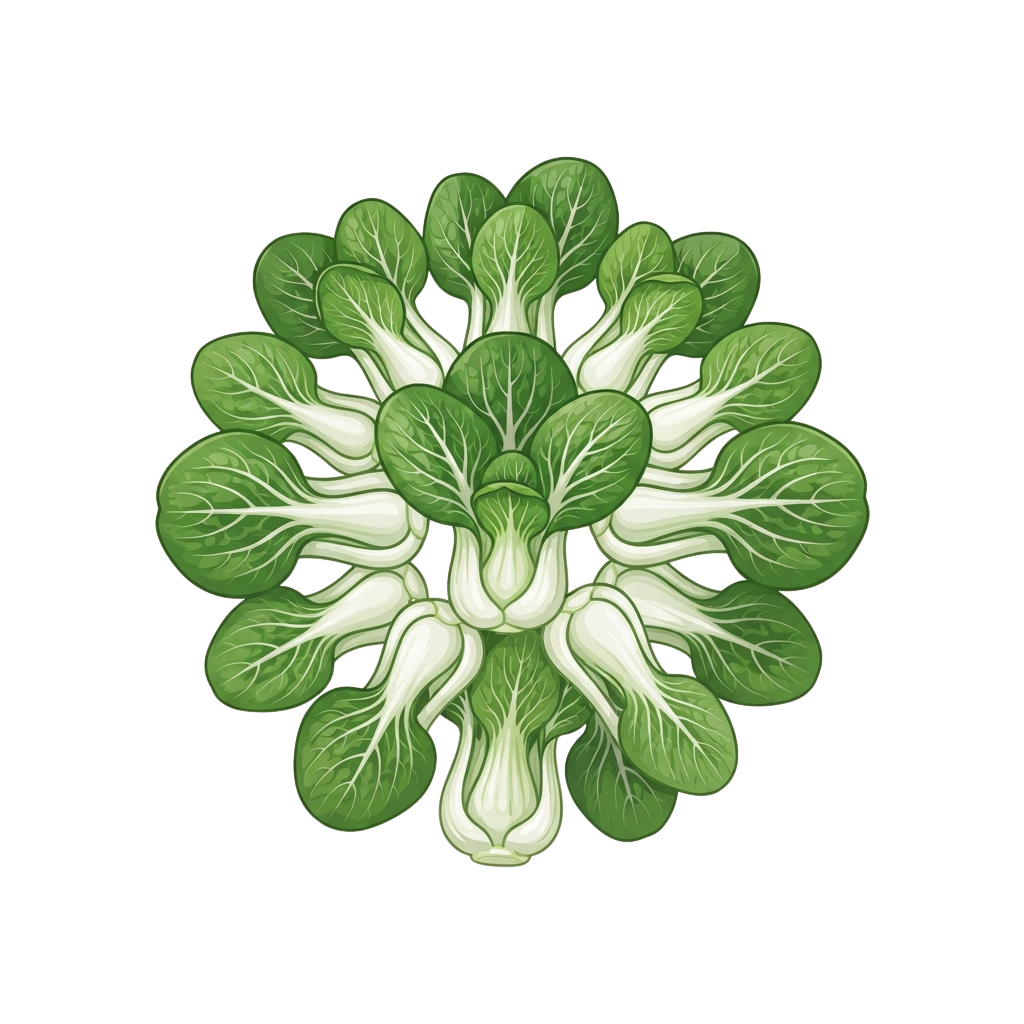 A stylized illustration of broccoli arranged in a symmetrical floral pattern with green leaves and white stems
