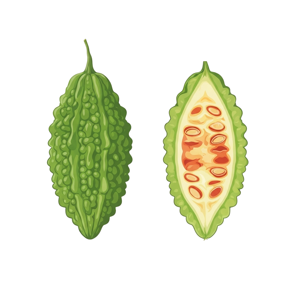 Illustration of a whole green bitter melon and a sliced bitter melon showing its seeds and inner texture