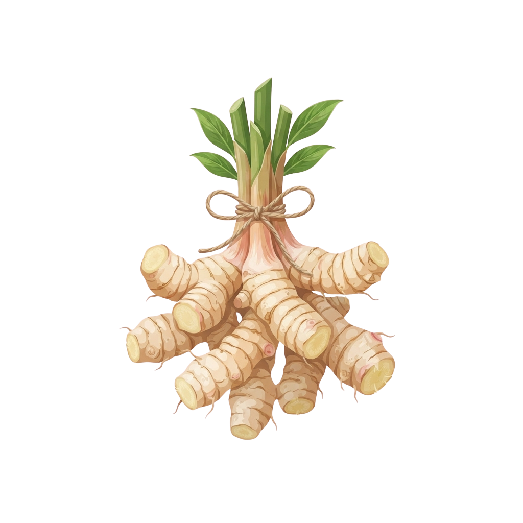 Bundle of fresh ginger root with green leaves tied with twine