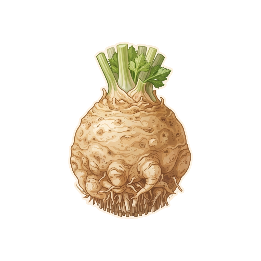 Illustration of a whole parsnip with green leafy stems and fibrous roots