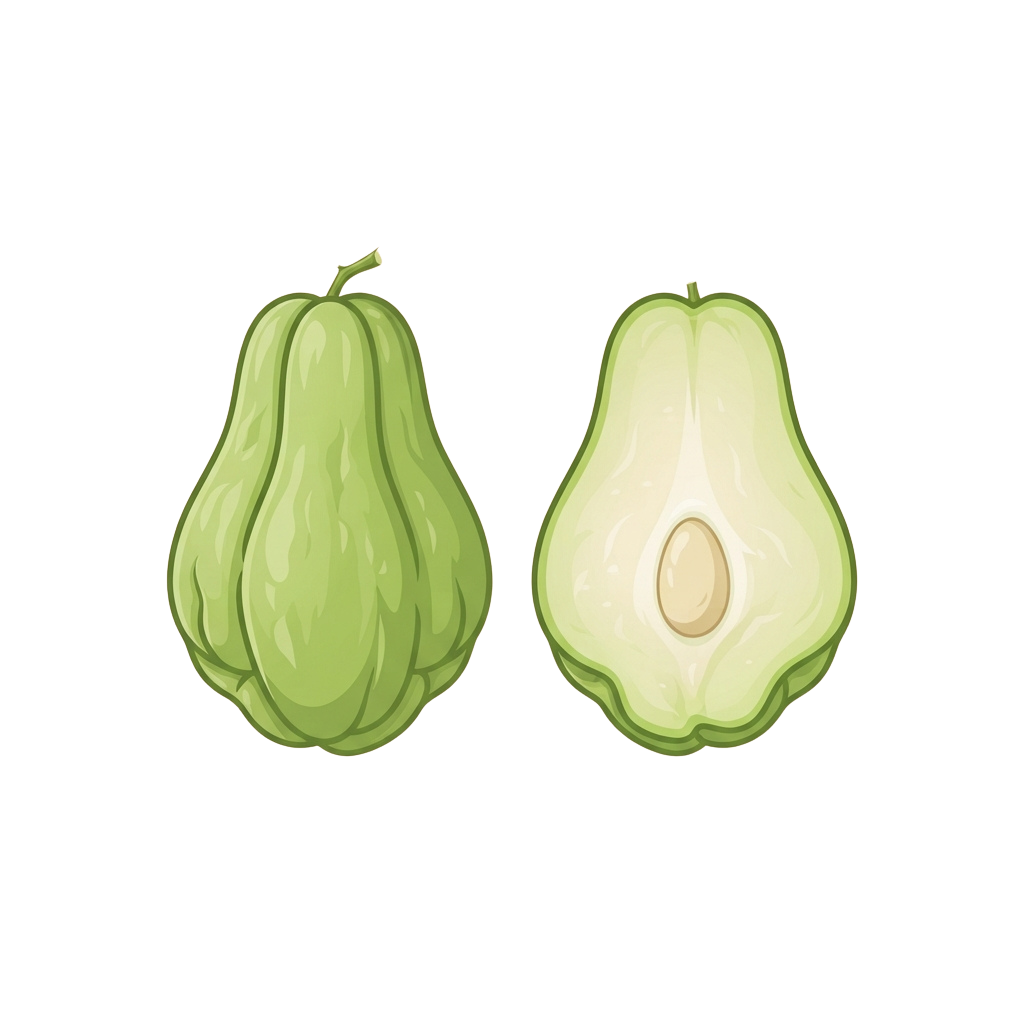 Illustration of a whole green papaya and a cut-open papaya showing its seeds and inner texture
