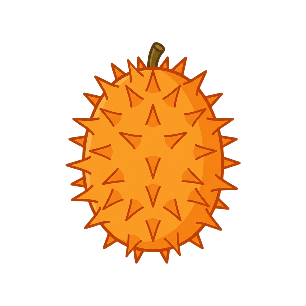 Illustration of a spiky orange fruit with a green stem against a black background
