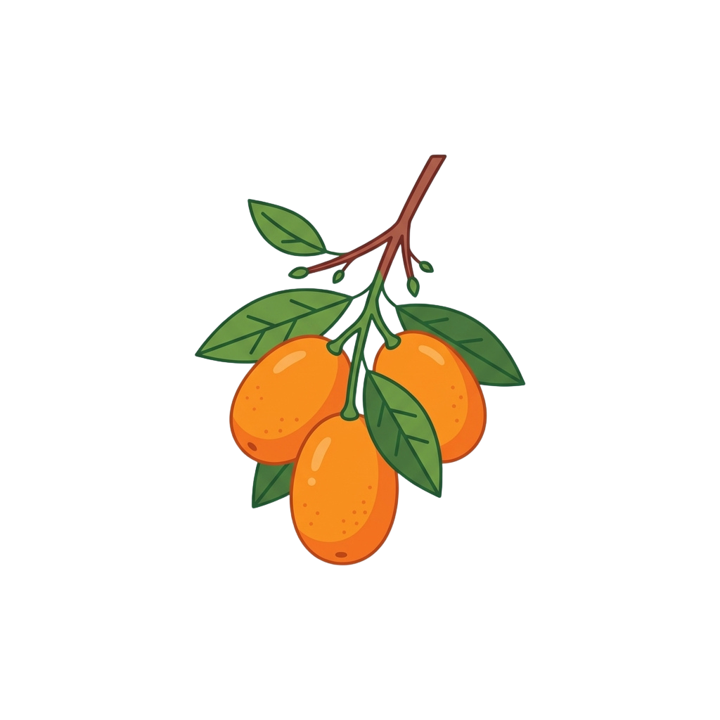 Illustration of four bright orange persimmons hanging from a green leafy branch